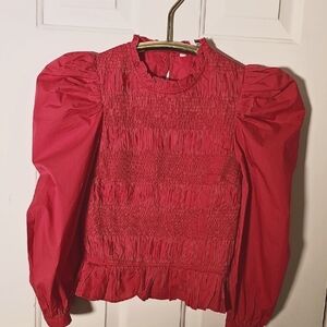 English‎ Factory Red/pink Smocked Blouse. Long Puff  Sleeve. XS NWOT